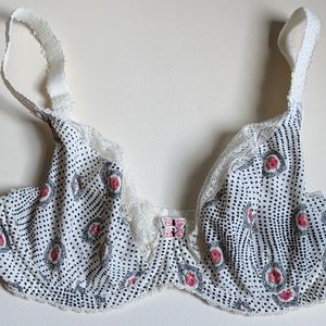 Freya Balconette Bra UK, White & Black Polka Dots with Rose Print, size 30F
